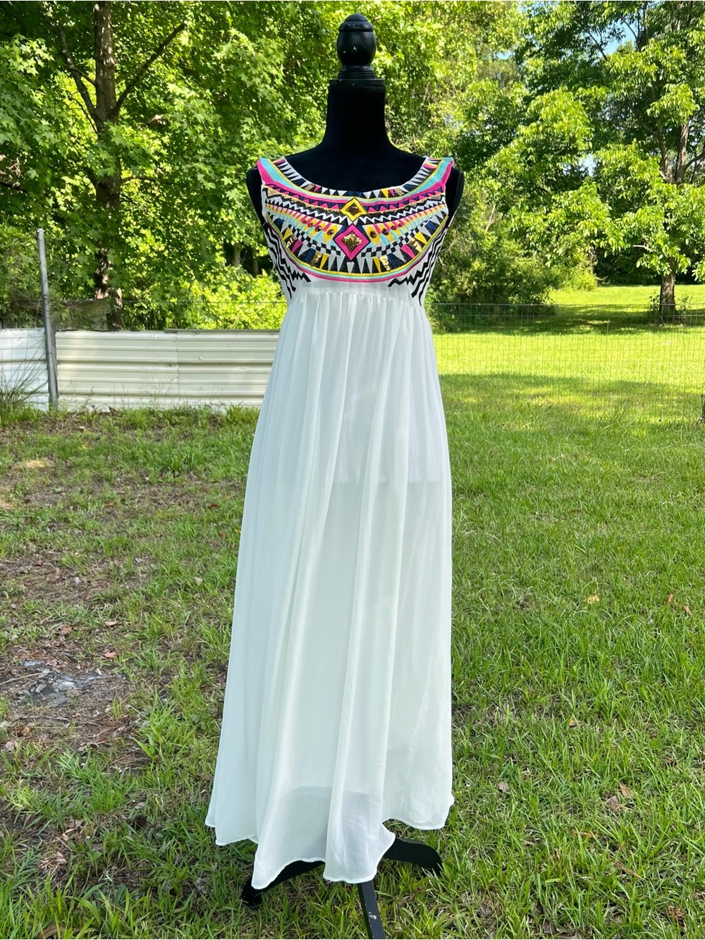 Y2K Snidel Boho Festival Maxi Dress White Embroidered Southwestern Resort Size S